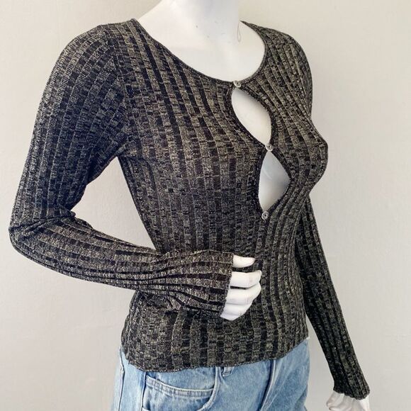 Chaser Black Ribbed Knit Cardigan Top Keyhole Button Closures Gold Lurex Thread - Picture 3 of 7